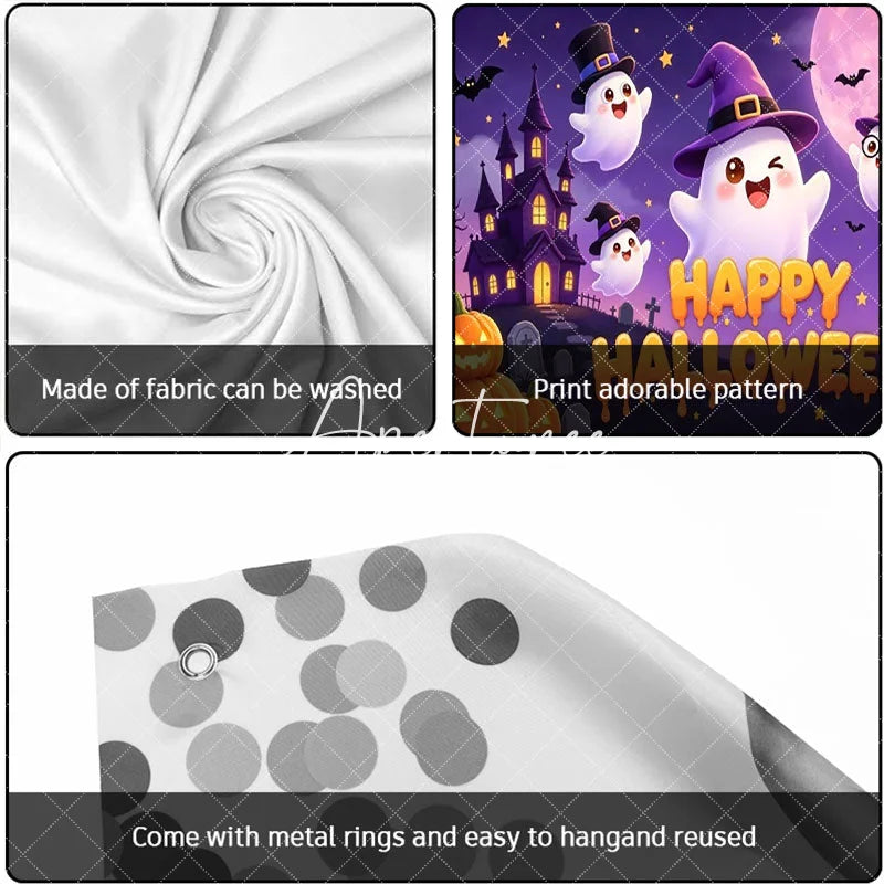 Aperturee - Aperturee Cute Cartoon Ghosts with Witch Hats and Pumpkins Happy Halloween Garage Door Banner Spooky Castle Party Decor
