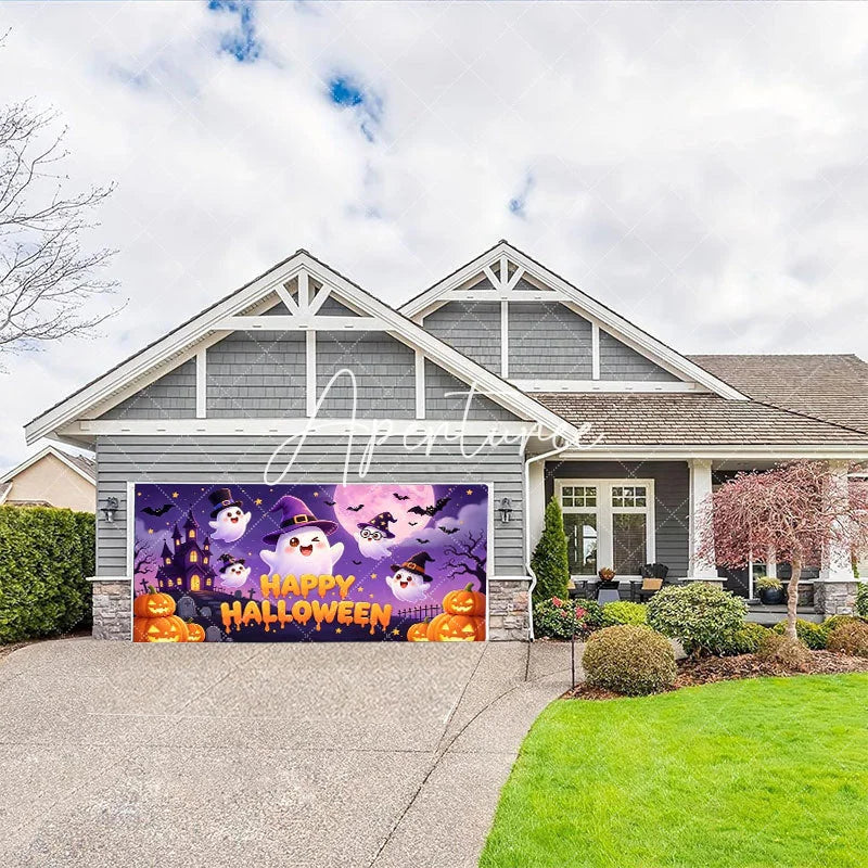 Aperturee - Aperturee Cute Cartoon Ghosts with Witch Hats and Pumpkins Happy Halloween Garage Door Banner Spooky Castle Party Decor