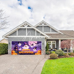 Aperturee - Aperturee Cute Cartoon Ghosts with Witch Hats and Pumpkins Happy Halloween Garage Door Banner Spooky Castle Party Decor