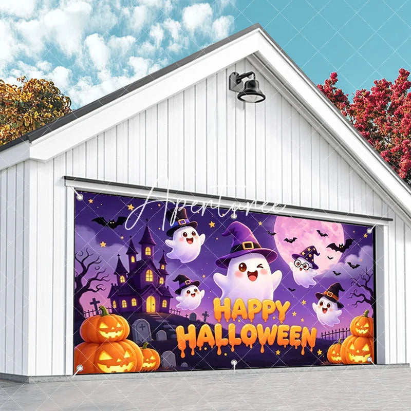 Aperturee - Aperturee Cute Cartoon Ghosts with Witch Hats and Pumpkins Happy Halloween Garage Door Banner Spooky Castle Party Decor