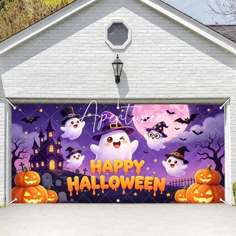 Aperturee - Aperturee Cute Cartoon Ghosts with Witch Hats and Pumpkins Happy Halloween Garage Door Banner Spooky Castle Party Decor
