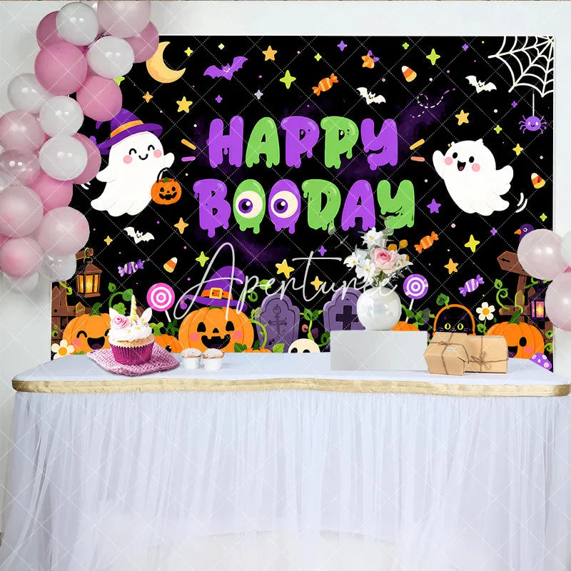 Aperturee - Aperturee Cute Cartoon Halloween Ghosts and Pumpkins Birthday Backdrop Happy Booday Spooky Fun Party Decor with Bats and Stars