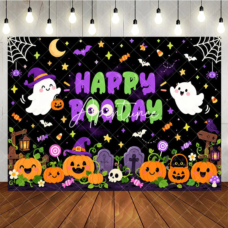 Aperturee - Aperturee Cute Cartoon Halloween Ghosts and Pumpkins Birthday Backdrop Happy Booday Spooky Fun Party Decor with Bats and Stars