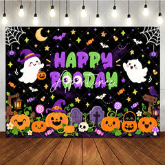 Aperturee - Aperturee Cute Cartoon Halloween Ghosts and Pumpkins Birthday Backdrop Happy Booday Spooky Fun Party Decor with Bats and Stars
