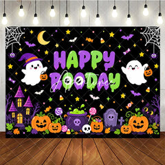 Aperturee - Aperturee Cute Cartoon Halloween Happy Booday Birthday Backdrop with Ghosts Pumpkins and Haunted House for Spooky Party Decor