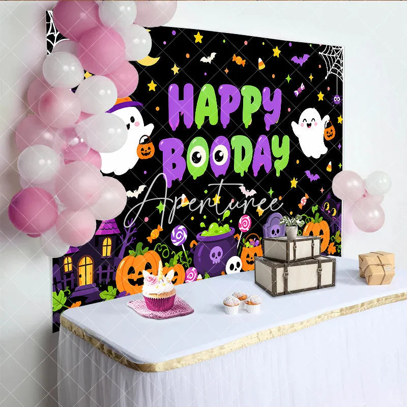 Aperturee - Aperturee Cute Cartoon Halloween Happy Booday Birthday Backdrop with Ghosts Pumpkins and Haunted House for Spooky Party Decor