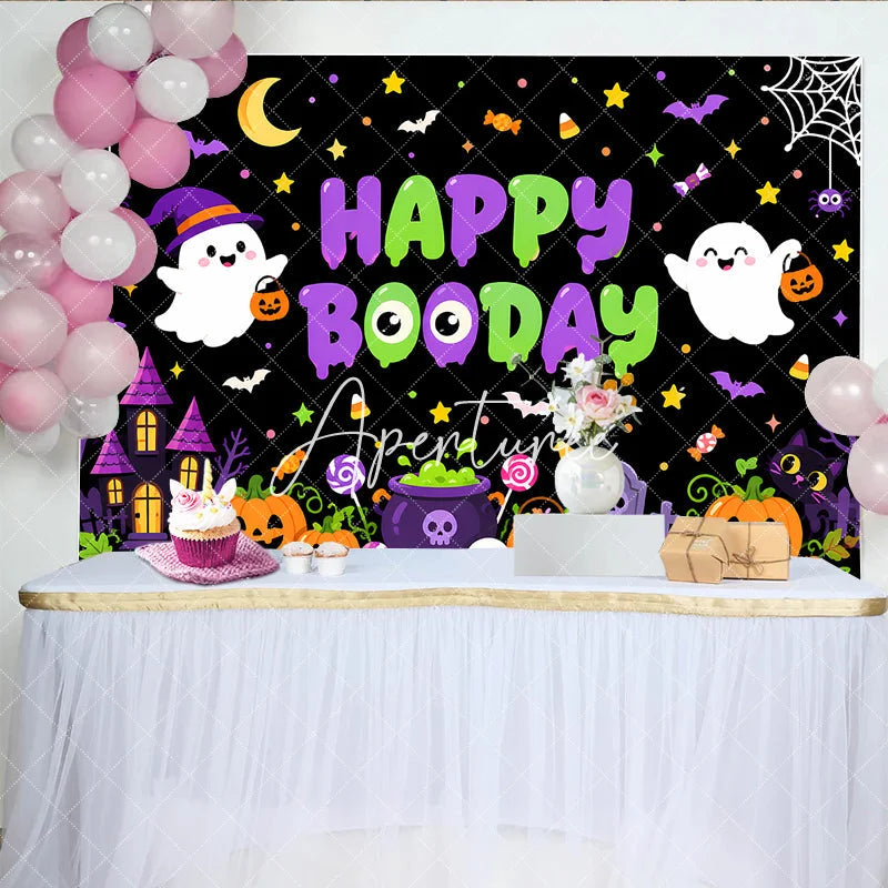 Aperturee - Aperturee Cute Cartoon Halloween Happy Booday Birthday Backdrop with Ghosts Pumpkins and Haunted House for Spooky Party Decor