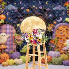 Aperturee - Aperturee Cute Cartoon Halloween Photography Backdrop with Full Moon Bats Ghosts and Pumpkins Autumn Leaves Party Decor