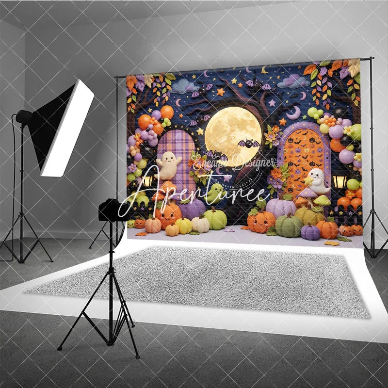Aperturee - Aperturee Cute Cartoon Halloween Photography Backdrop with Full Moon Bats Ghosts and Pumpkins Autumn Leaves Party Decor