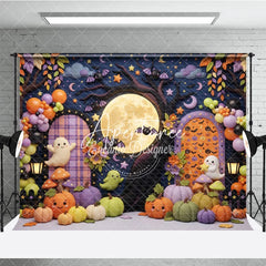 Aperturee - Aperturee Cute Cartoon Halloween Photography Backdrop with Full Moon Bats Ghosts and Pumpkins Autumn Leaves Party Decor