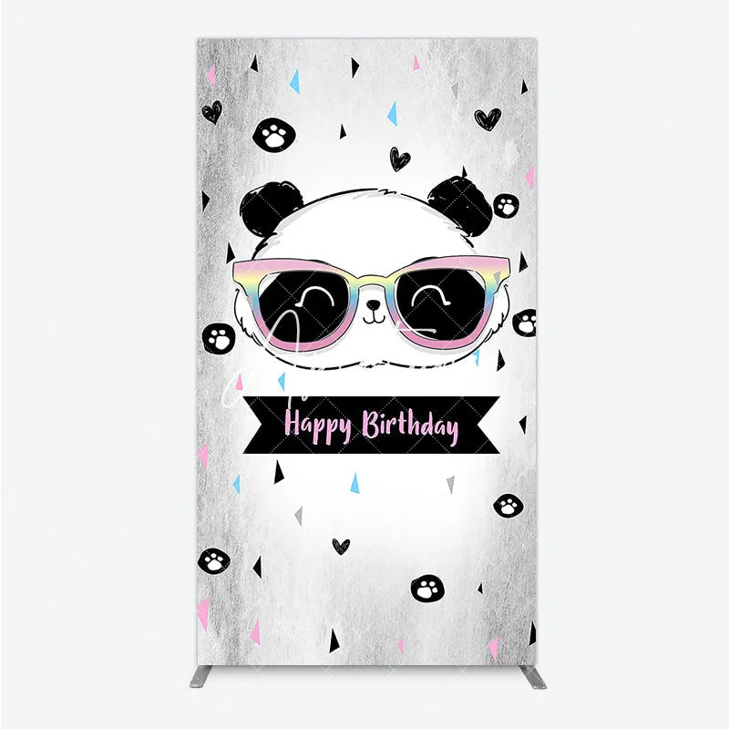 Aperturee - Aperturee Cute Cartoon Panda Happy Birthday Rectangle Arch Backdrop with Rainbow Sunglasses Grey Party Decor