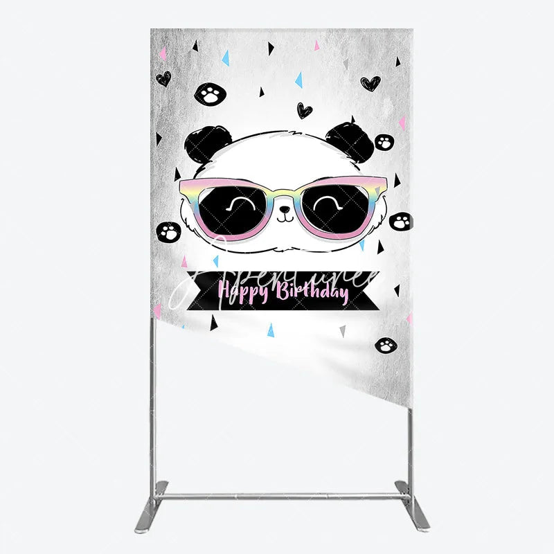 Aperturee - Aperturee Cute Cartoon Panda Happy Birthday Rectangle Arch Backdrop with Rainbow Sunglasses Grey Party Decor