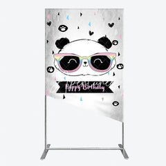 Aperturee - Aperturee Cute Cartoon Panda Happy Birthday Rectangle Arch Backdrop with Rainbow Sunglasses Grey Party Decor