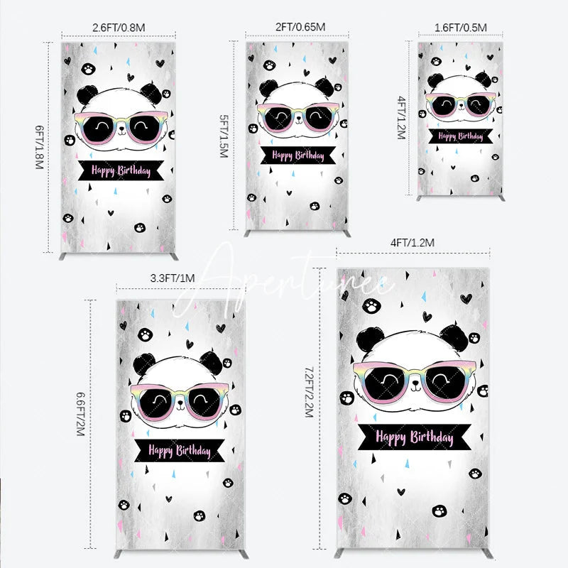 Aperturee - Aperturee Cute Cartoon Panda Happy Birthday Rectangle Arch Backdrop with Rainbow Sunglasses Grey Party Decor