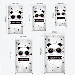 Aperturee - Aperturee Cute Cartoon Panda Happy Birthday Rectangle Arch Backdrop with Rainbow Sunglasses Grey Party Decor