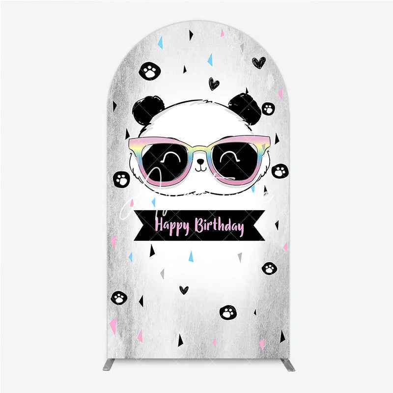 Aperturee - Aperturee Cute Cartoon Panda Happy Birthday Round Top Arch Backdrop with Rainbow Sunglasses Festive Party Decor