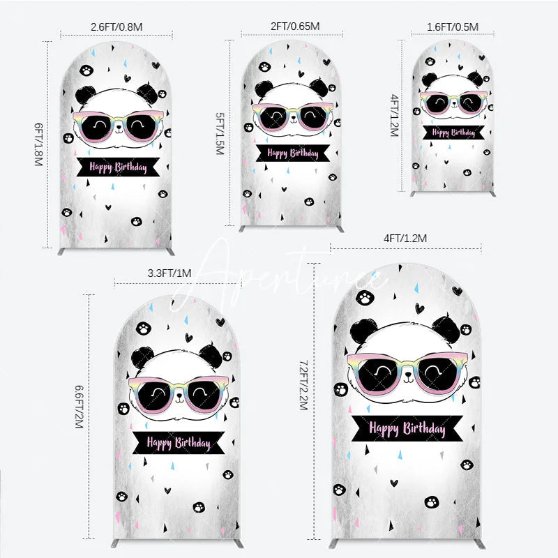Aperturee - Aperturee Cute Cartoon Panda Happy Birthday Round Top Arch Backdrop with Rainbow Sunglasses Festive Party Decor