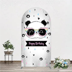 Aperturee - Aperturee Cute Cartoon Panda Happy Birthday Round Top Arch Backdrop with Rainbow Sunglasses Festive Party Decor