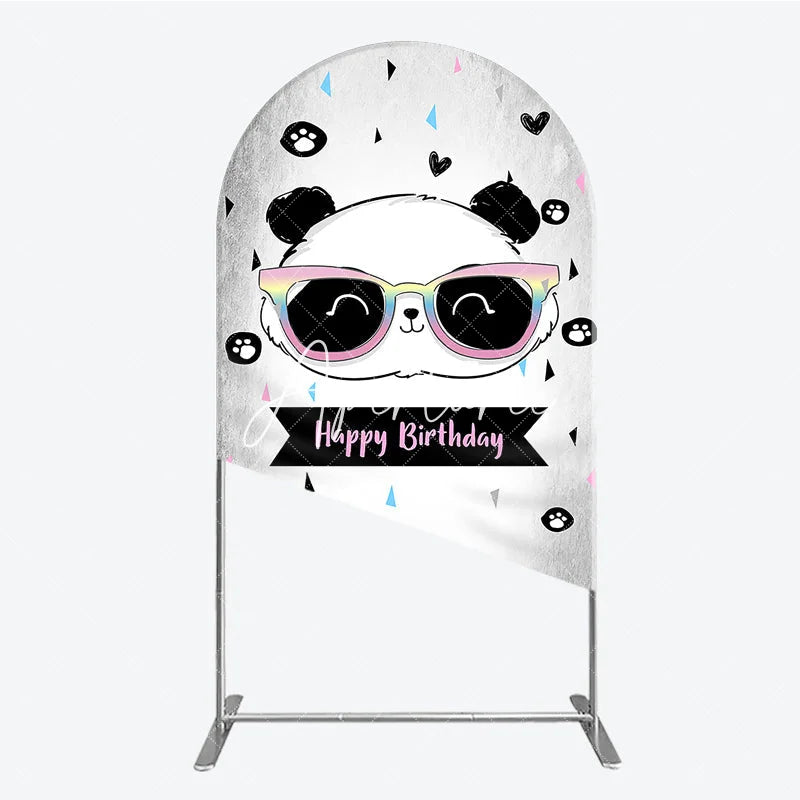 Aperturee - Aperturee Cute Cartoon Panda Happy Birthday Round Top Arch Backdrop with Rainbow Sunglasses Festive Party Decor