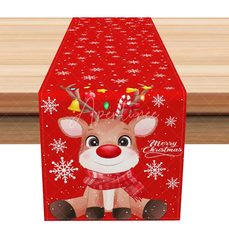 Aperturee - Aperturee Cute Cartoon Reindeer Christmas Table Runner Red Snowflake ’Merry Christmas’ Holiday Dining Decor