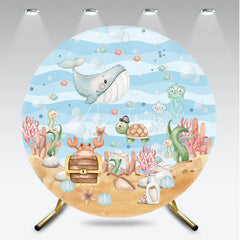Aperturee - Aperturee Cute Cartoon Sea Animals Round Backdrop Whimsical Underwater Ocean Theme for Kids Birthday Party and Baby Shower Decor