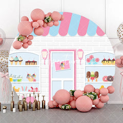 Aperturee - Aperturee Cute Cartoon Sweet Shop Dessert Round Backdrop Pink and Blue Awning Bakery Theme Birthday Party Decor.