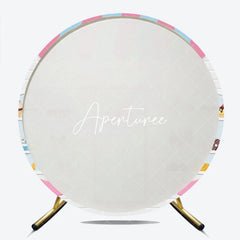 Aperturee - Aperturee Cute Cartoon Sweet Shop Dessert Round Backdrop Pink and Blue Awning Bakery Theme Birthday Party Decor.
