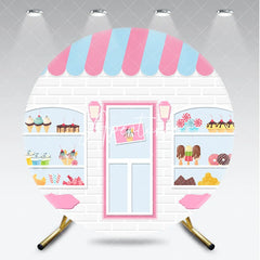 Aperturee - Aperturee Cute Cartoon Sweet Shop Dessert Round Backdrop Pink and Blue Awning Bakery Theme Birthday Party Decor.