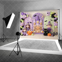 Aperturee - Aperturee Cute Cartoon Witch and Castle Halloween Photography Backdrop Purple Green Stars Moon Pumpkin Bat Party Decor