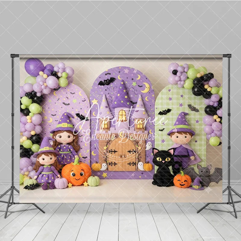 Aperturee - Aperturee Cute Cartoon Witch and Castle Halloween Photography Backdrop Purple Green Stars Moon Pumpkin Bat Party Decor