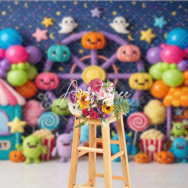 Aperturee - Aperturee Cute Colorful Carnival Ferris Wheel Photography Backdrop with Pumpkins Balloons and Monsters for Kids Birthday Party