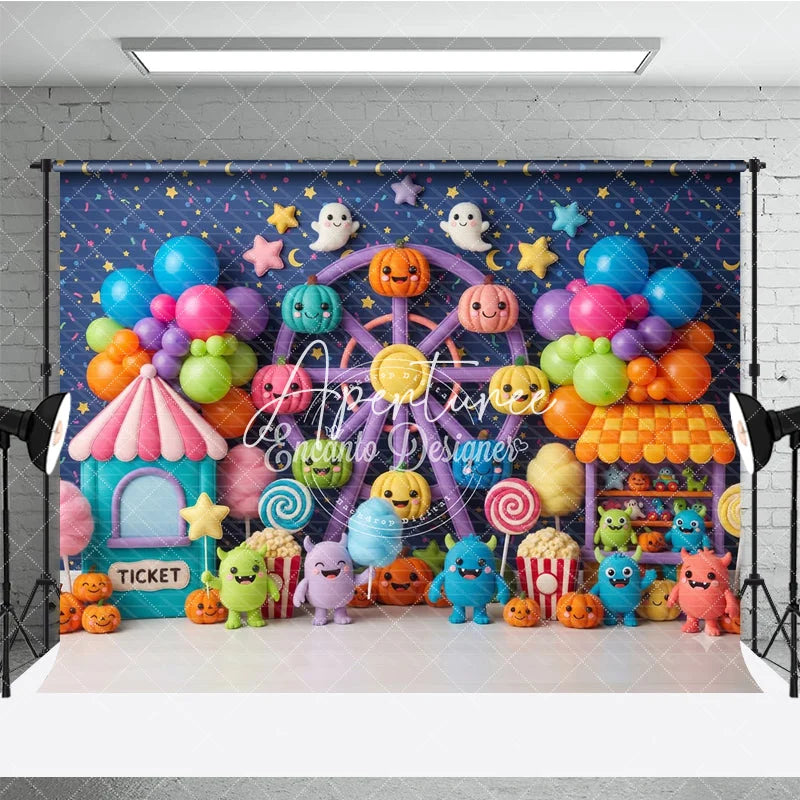 Aperturee - Aperturee Cute Colorful Carnival Ferris Wheel Photography Backdrop with Pumpkins Balloons and Monsters for Kids Birthday Party