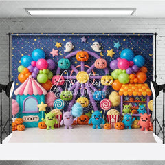 Aperturee - Aperturee Cute Colorful Carnival Ferris Wheel Photography Backdrop with Pumpkins Balloons and Monsters for Kids Birthday Party