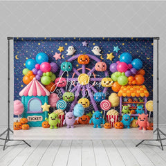 Aperturee - Aperturee Cute Colorful Carnival Ferris Wheel Photography Backdrop with Pumpkins Balloons and Monsters for Kids Birthday Party