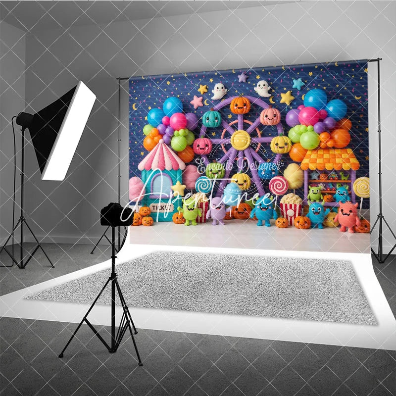 Aperturee - Aperturee Cute Colorful Carnival Ferris Wheel Photography Backdrop with Pumpkins Balloons and Monsters for Kids Birthday Party