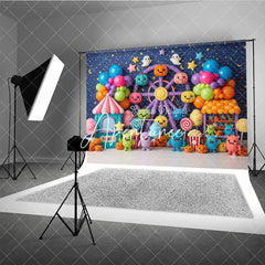 Aperturee - Aperturee Cute Colorful Carnival Ferris Wheel Photography Backdrop with Pumpkins Balloons and Monsters for Kids Birthday Party