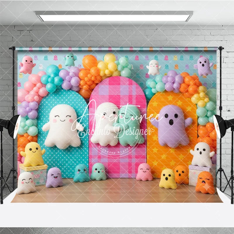 Aperturee - Aperturee Cute Colorful Ghost Photography Backdrop Balloon Arches Polka Dot and Plaid Panels perfect for Kids Birthday Party