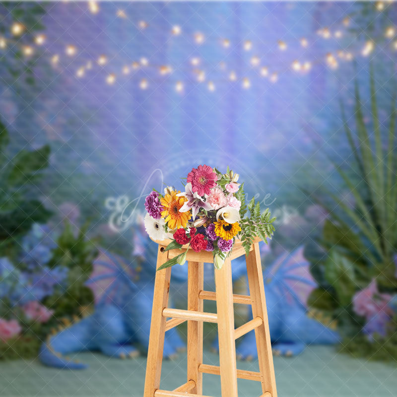 Aperturee - Aperturee Cute Dragons in Enchanted Forest Photography Backdrop String Lights for Birthday Fairytale Cake Smash Background
