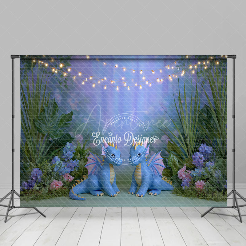 Aperturee - Aperturee Cute Dragons in Enchanted Forest Photography Backdrop String Lights for Birthday Fairytale Cake Smash Background