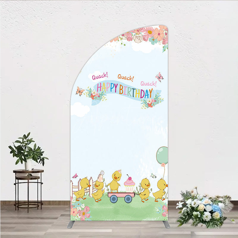 Aperturee Aperturee Cute Duck Happy Birthday Half Moon Arch Backdrop Spring Floral Garden Party Banner Quack Quack Little Duckling Photo