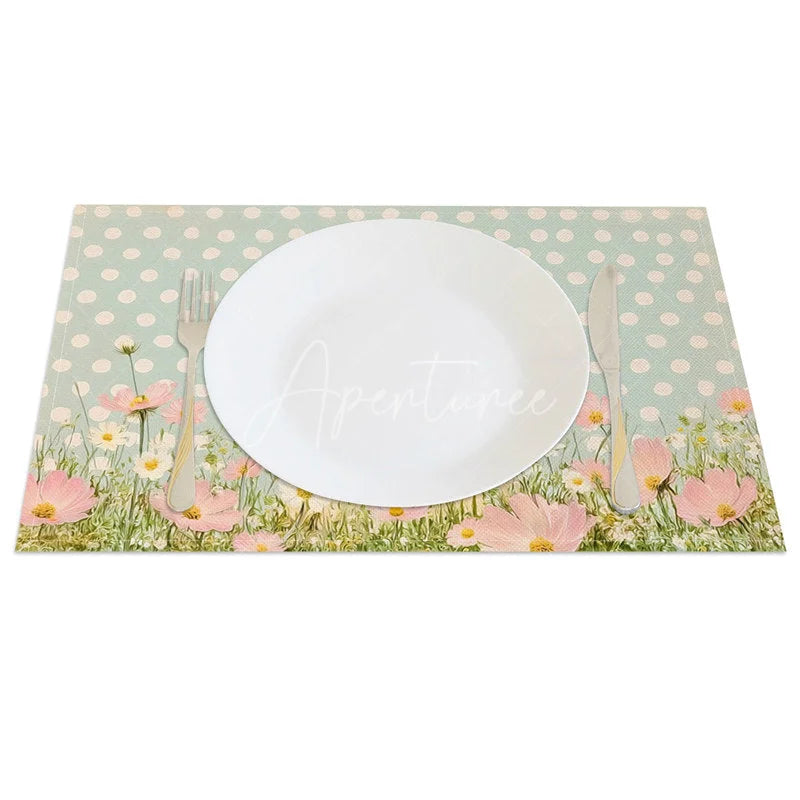 Aperturee - Aperturee Cute Easter Bunny Set of 4 Placemats Blue Polka Dot Pink Flower Rabbit Table Mats for Spring