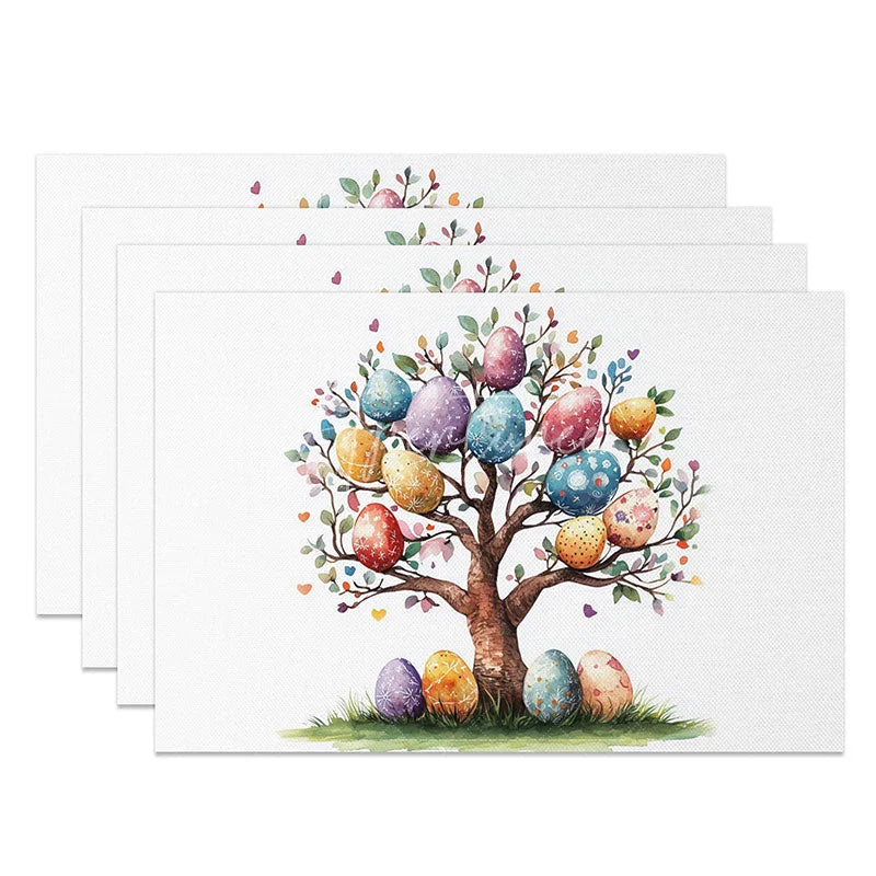 Aperturee - Aperturee Cute Easter Egg Tree Set of 4 Placemats Patterned Eggs Hearts Table Mats Spring Family Party Kitchen Decor