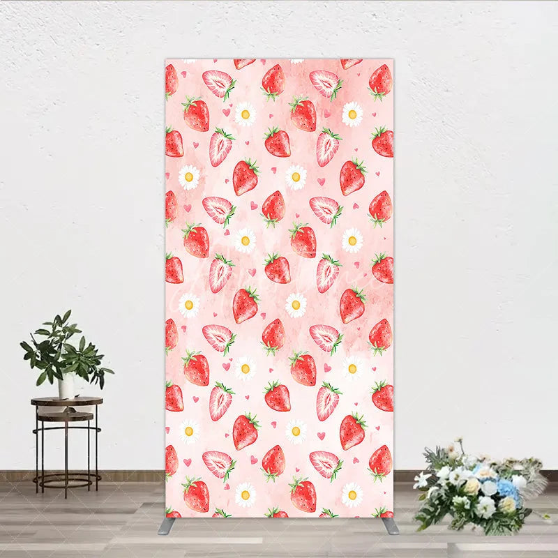 Aperturee - Aperturee Cute Fresh Pink Watercolor Strawberry Daisy Heart Rectangle Arch Backdrop Sweet Summer Birthday Baby Shower Decor