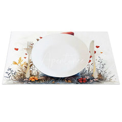 Aperturee - Aperturee Cute Gnome Holding Heart Set of 4 Placemats Floral Hat Valentine Decoration Red Love Table Mat