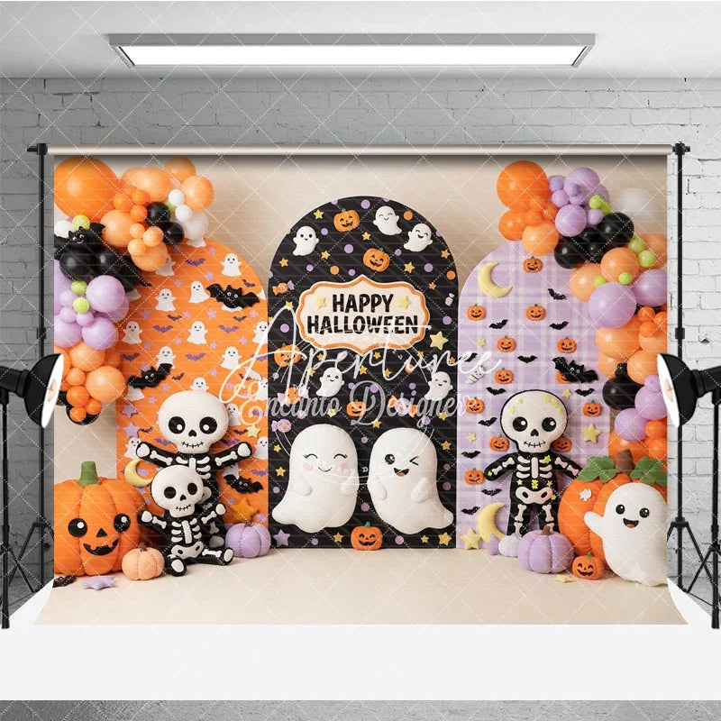 Aperturee - Aperturee Cute Halloween Ghosts and Pumpkins Photography Backdrop with Arched Panels Festive Balloons and Bats Decor