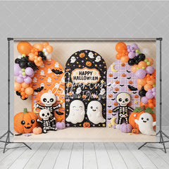 Aperturee - Aperturee Cute Halloween Ghosts and Pumpkins Photography Backdrop with Arched Panels Festive Balloons and Bats Decor