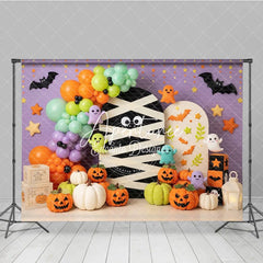 Aperturee - Aperturee Cute Halloween Mummy Ghosts and Pumpkins Photography Backdrop Purple Orange Green Balloons Party Decor