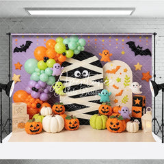 Aperturee - Aperturee Cute Halloween Mummy Ghosts and Pumpkins Photography Backdrop Purple Orange Green Balloons Party Decor