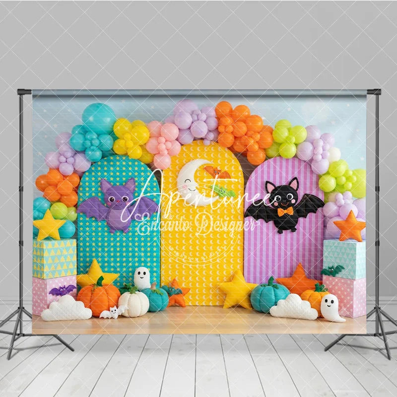 Aperturee - Aperturee Cute Halloween Photography Backdrop with Colorful Bats Crescent Moon Pumpkins and Balloons for Kids Birthday Party