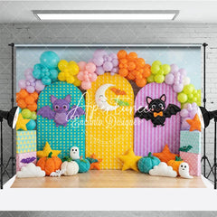 Aperturee - Aperturee Cute Halloween Photography Backdrop with Colorful Bats Crescent Moon Pumpkins and Balloons for Kids Birthday Party